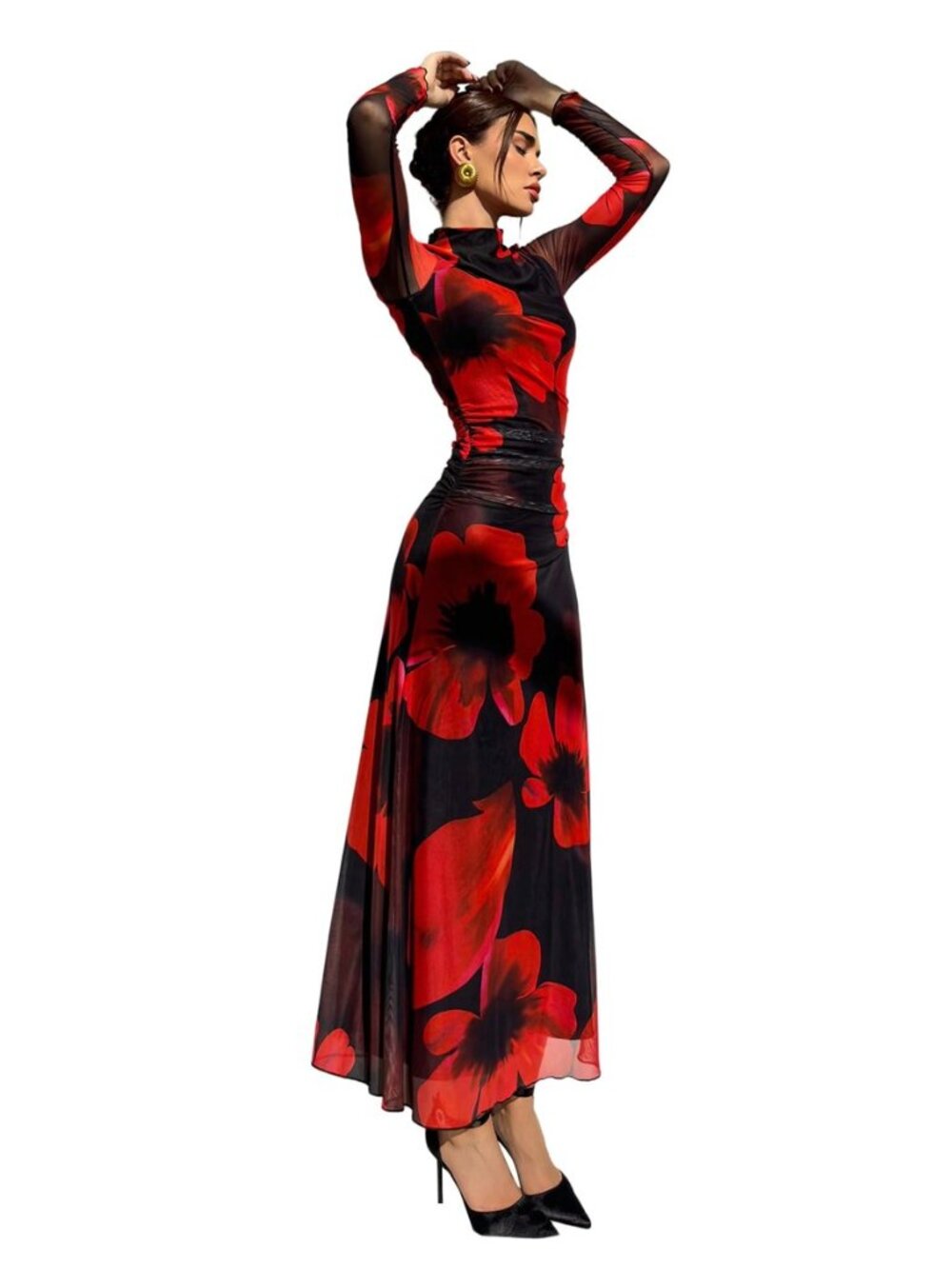 Women's Floral Wedding Guest Dress Long Sleeve Mesh Maxi Dresses